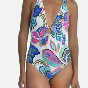 Trina Turk White One-Piece Swimsuit with Blue, Pink and Aqua Floral Print